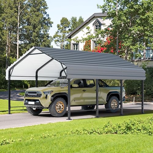 JY QAQA 12 x 15 FT Metal Carport Kits with Galvanized Steel Roof