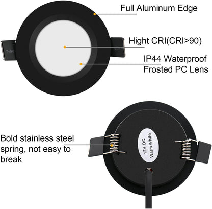 12 Volt LED Puck Light RV Boat Recessed Ceiling Light Super Slim LED Panel Light with Hole Puncher DC 12V 3W Full Aluminum Downlights 6 Pack,2700-3200k