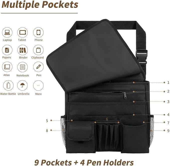Car Front Seat Organizer for Paperwork File Laptop Mobile Office, Multi Compartment Storage Bag with Cup holder and Adjustable Strap for Car Work Truck Van