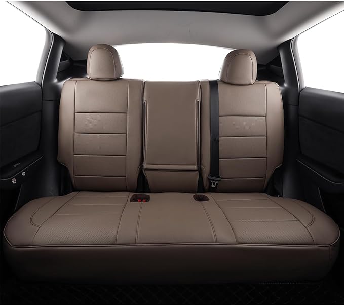 EKR Model Y Seat Covers for Tesla Model y 2020 2021 2022 2023 2024 2025 Long Range/Performance/Standard Range (Only for 5 Seats),Leather Car Seat Cover Full Set,Faux Leather (Sand Beige)