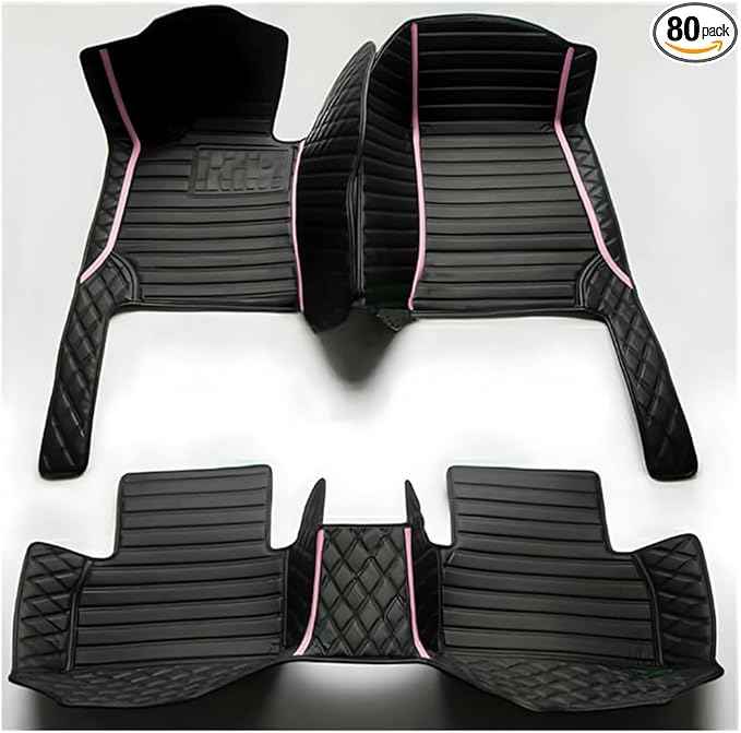 TREGOO All-Weather Anti Slip Floor mat is Suitable mats for floo of All for Tesla Models from 2012 to 2025 (Black Double Panel with Pink Stripe)