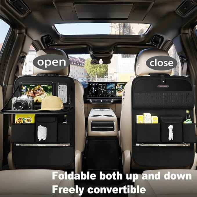 GMQ Back Seat Car Organizer 1 Pack,Backseat Organizer with Tray,Multifunctional Car Seat Back Storage Box with Foldable Tablet Holder (Black, Plain weave)