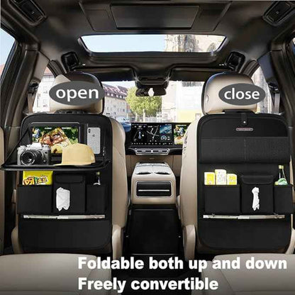 GMQ Back Seat Car Organizer 1 Pack,Backseat Organizer with Tray,Multifunctional Car Seat Back Storage Box with Foldable Tablet Holder (Black, Plain weave)