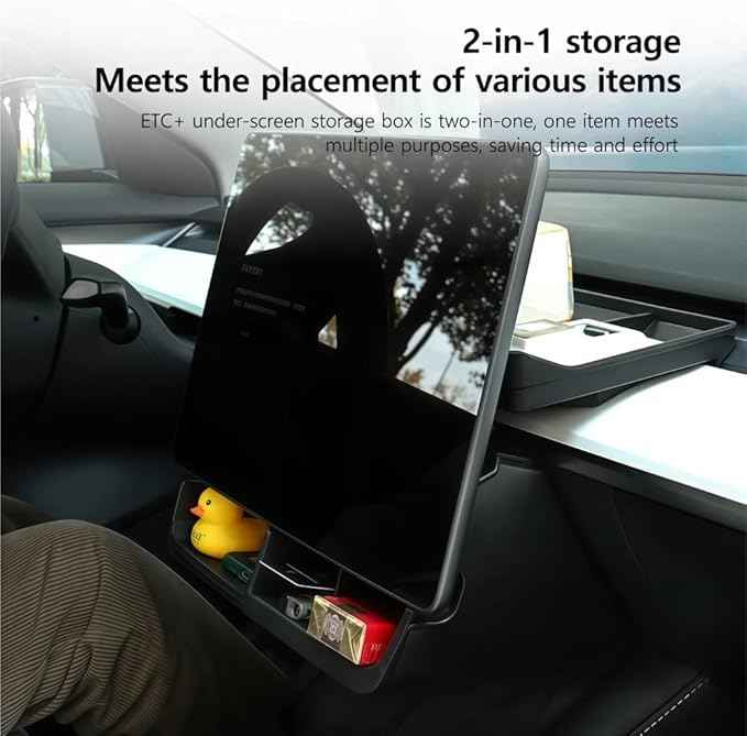 GGCLIMAX Under Screen Storage Organizer Compatible with Tesla Model 3/Y Over Center Console Display Tray ABS+TPE Storage Box with Anti-Skid Design Black/Grey, Dual/Single Storage(Grey Dual Storage)