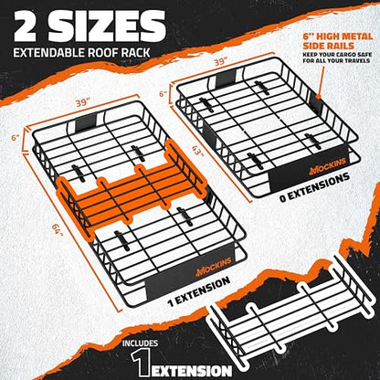 64"x39"x6" Extendable Cargo Roof Rack Basket with 250 Lbs Capacity