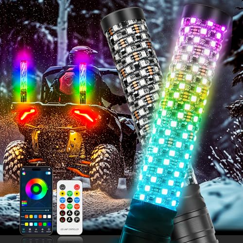 2PCS 1FT Fat Spiral Led Whip Lights with APP&Remote Control RGB Chasing Dancing Lighted Antenna Whips Compatible with Can (2 Count)