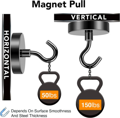 MIKEDE Magnetic Hooks, 150LB Super Strong Magnet Hooks Heavy Duty for Cruise Essentials, Black Neodymium Earth Magnets with Hook for Hanging, Magnetic Metal Hanger for Fridge, Toolbox - 4 Pack