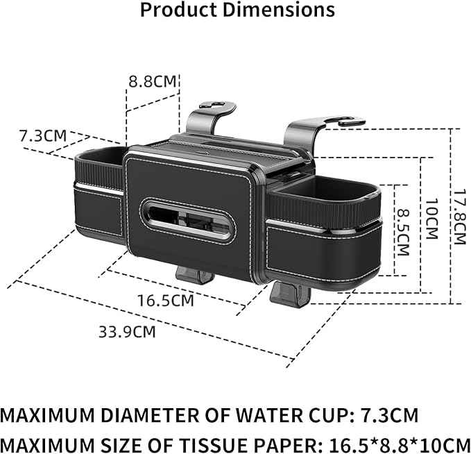 Rear Seat Cup Holder Back Seat Car Organizer 6 in 1 Multifunctional Car Back Seat Storage Box with Drink Cup Holder Tissue Box for Car Phone Holder Snacks Drinks Handbag Makeup Mirror Black