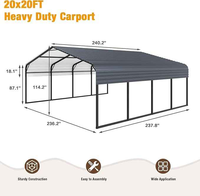 EBE 20' x 20' Metal Carport, Outdoor Heavy Duty Carports Canopy with Galvanized Roof and Enhanced Base, Carport Garage Car Shelter Shade for Truck, Boat, Tractors