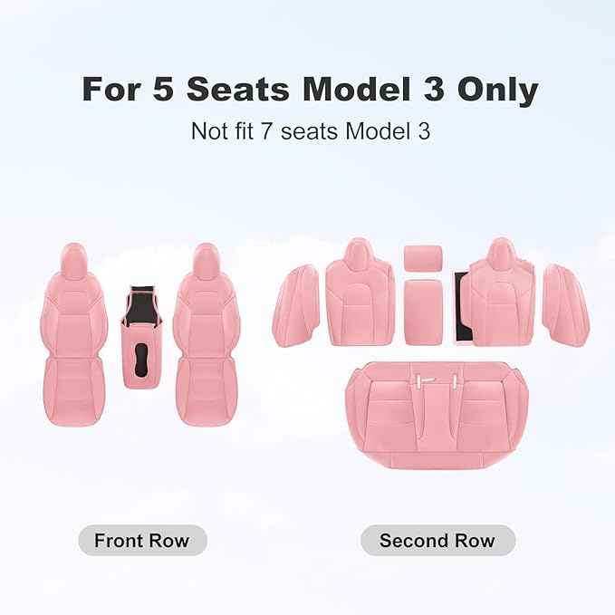 Tesla Model 3 Car Seat Covers Nappa Leather Car Interior Seat Airbag Compatible Cushion Cover Full Set Custom Fit 2023 2022 2021 2020 2019 2018, Nappa Pink