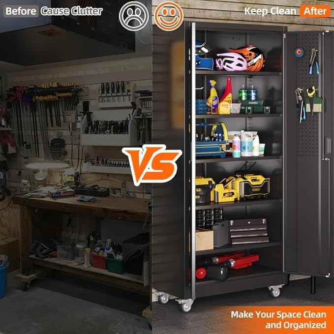 Aobabo Garage Storage Cabinet with Door Pegboard,Lockable Metal Storage Cabinet with 5 Adjustable Shelves for Garage Home,Required Assembly,Black