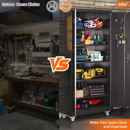 Metal Garage Storage Cabinet with Wheels and Door Pegboard