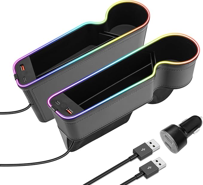 7 Color Led Car Seat Gap Organizer with 56W Type C USB Charging Multifunctional Front Seat Organizer with Cup Holder Console Organizer Seat Gap Filler with Vibe Lamp for Andriod iPhone Grey