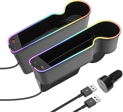 7 Color Led Car Seat Gap Organizer with 56W Type C USB Charging Multifunctional Front Seat Organizer with Cup Holder Console Organizer Seat Gap Filler with Vibe Lamp for Andriod iPhone Grey