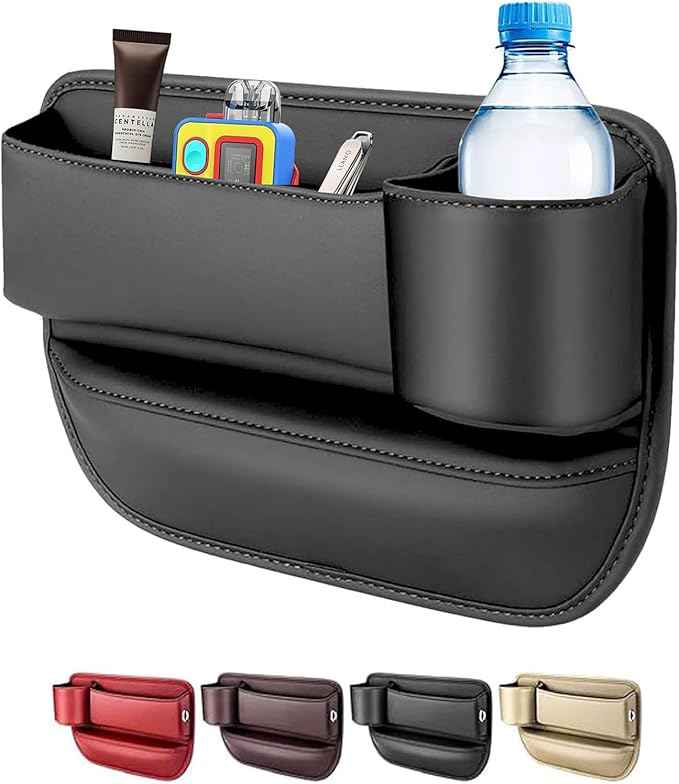 Car Seat Gap Filler Organizer for Tesla Model Y 2020-2025, Leather Seat Gap Storage Box with Cup Holder Phone Keys Glasses Cards Drinks Small Items Interior Accessories,Black