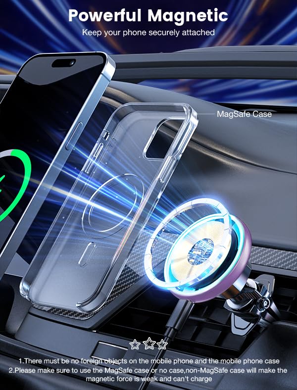 for Magsafe Car Mount Charger 15W LED RGB Car Phone Holder for Dash Vent