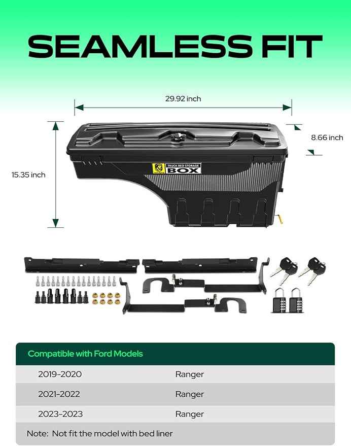 YHTAUTO Set of 2 Truck Bed Storage Tool Box Lockable Compatible with Ford Ranger 2019-2023, Driver and Passenger Side, Not Fit the Model with Bed Liner, Swing Waterproof Wheel Well Toolbox