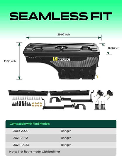 YHTAUTO Set of 2 Truck Bed Storage Tool Box Lockable Compatible with Ford Ranger 2019-2023, Driver and Passenger Side, Not Fit the Model with Bed Liner, Swing Waterproof Wheel Well Toolbox