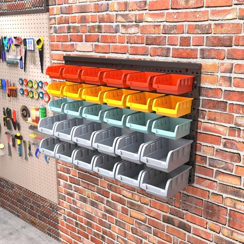 Wall Mounted Storage Bins Parts Rack 4 Colors Bin Organizer Garage Plastic Shop Tool (30 Count)