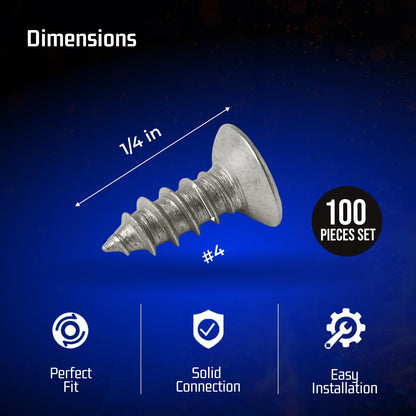 Bolt Dropper #4 x 1/4" Stainless Steel Flat Head Phillips Wood Screw (100 Pack), 18-8 (304) Stainless Steel Sheet Metal Screws - Type A Point, Plain Finish