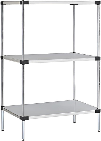 Omega Solid Stainless Steel Shelves, 21" Deep x 42" Wide x 34" High 3 Tier Heavy Duty Solid Shelving Unit for Kitchen Garage Office Restaurant Warehouse 800-lb Per Shelf Weight Capacity