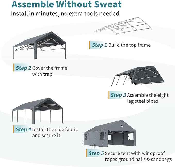 20X20 FT Carports Heavy Duty,Car Port with Removable Side Wall,Carport Canopy,Portable Car Port Garage,Car Shelter All Weather,Gray