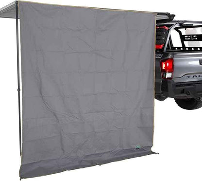 Overland Vehicle Systems HD Nomadic 6.5’ Awning Side Shade Wall - 280G Poly Cotton Rip Stop Grey Body, Green Trim - Velcro Attachment - Included Storage Bag