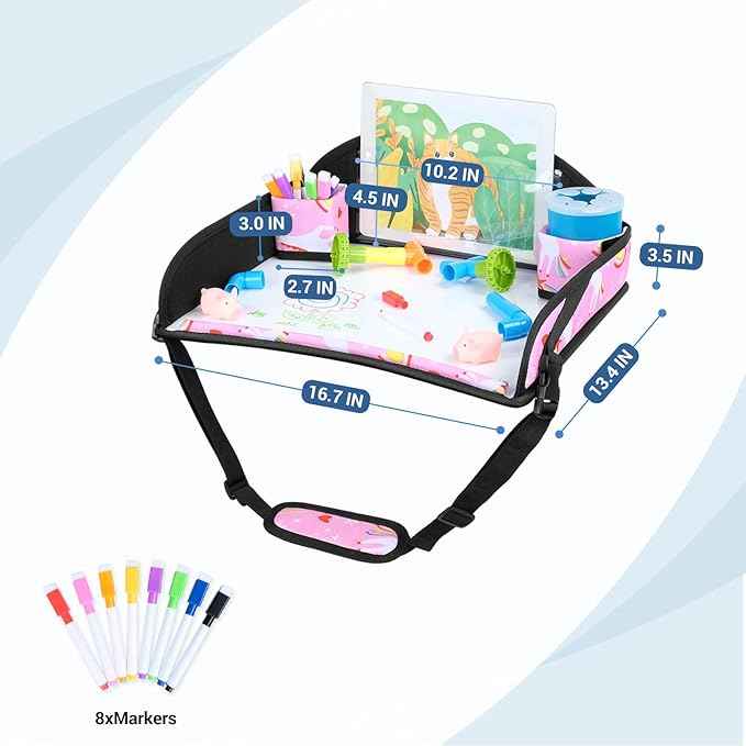 COOLBEBE Kids Travel Tray for Toddler Car Seat, Travel Tray for Airplane, Toddler Car Seat Lap Tray, Carseat Table Tray for Kids Travel Activities (Pink Unicorn -2PCS)