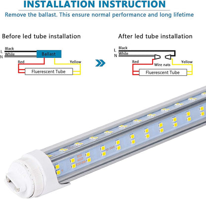 10PCS, LED Shop Light 8FT Tube, 2 Pin LED Tube Lights 270 Degree Angle, V Shaped 4 Row LEDs,R17D HO Rotatable LED Bulb, 144W, Clear Cover, Cold White 6000k, Fluorescent Tube Replacement