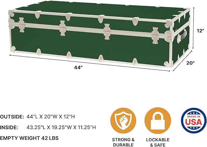 Rhino Trunk & Case Trundle Home Storage & College Trunk With Wheels - 44”x20”x12” - 1500+ lbs Capacity. USA Made Secure Under-Dorm Bed Footlocker for Clothes and Food, and Underbed Shoe Storage Box