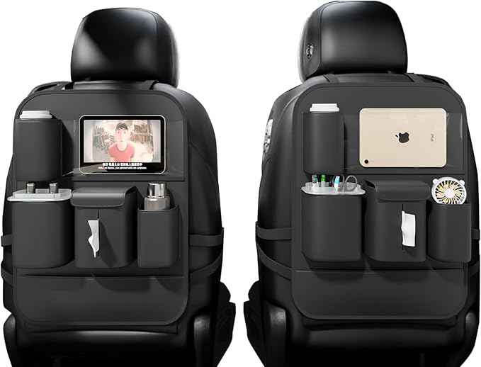 GMQ Backseat Car Organizer with Touch Screen,Protectors Kick Mats Travel Accessories for Kids,Multifunctional Seat Back Organizer Car Travel Organizer Accessories (Black, 2PCS)
