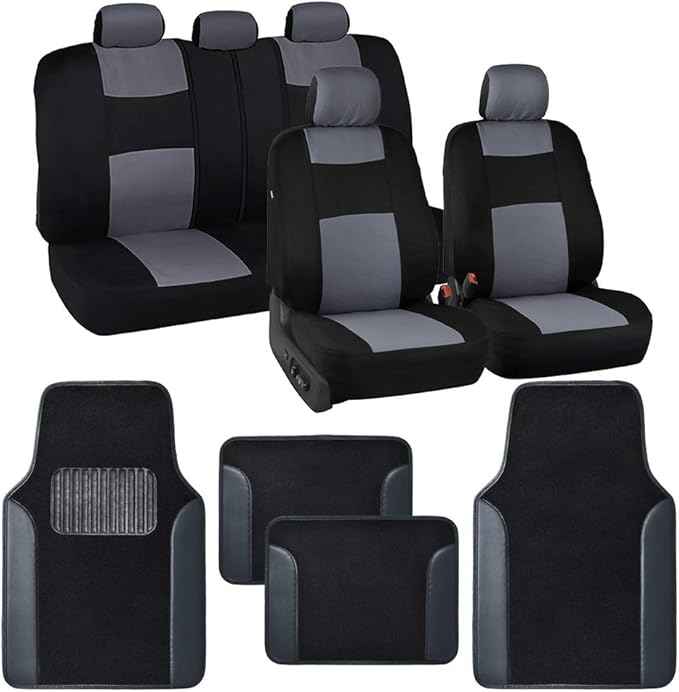 BDK PolyPro Black/Gray Car Seat Covers Full Set with Matching Carpet Floor Mats - Automotive Seat Covers for Cars Trucks SUV - Includes Split Bench Rear Seat Cover - Interior Car Accessories