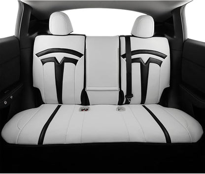 EKR Model Y Seat Covers for Tesla Model y 2020 2021 2022 2023 2024 2025 Long Range/Performance/Standard Range (Only for 5 Seats),Leather Car Seat Cover Full Set,Faux Leather (Black/White)