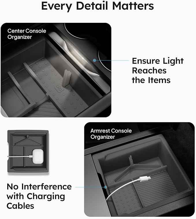 Wigoo Center Console Organizer for Tesla Model Y Juniper (Only Premium & Performance 2025 2026) and All Model 3 Highland Accessories [Double-Layer Storage, Smooth Sliding] 4PCS Gray