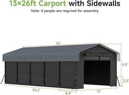 13x26FT Heavy Duty Metal Carport,Outdoor Garage with Removable Sidewalls & Doors, Heavy Duty Steel Frame and Galvanized Roof for Cars and Boats, Gray