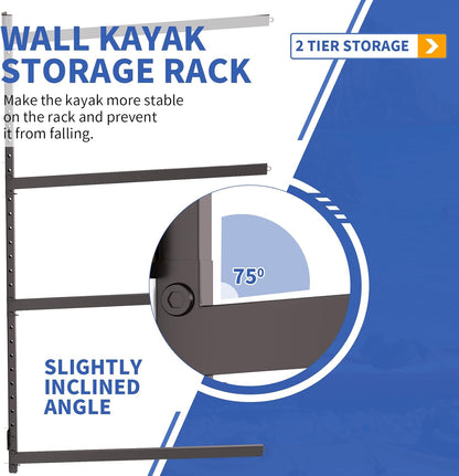 Wall Mounted Kayak Storage Rack, Kayak Racks for Outdoor Storage, Kayak Wall Mount 4 Tier Adjustable Surfboard Paddleboards Holder, Holds Up to 220 lbs