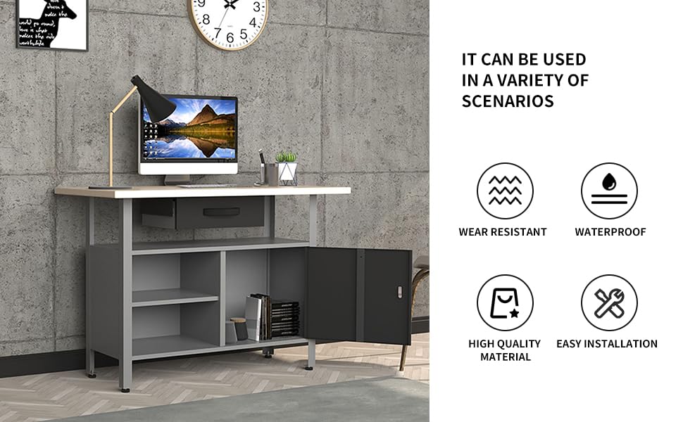 Garage Tool Storage Cabinet Workbench Desk with Wood Top