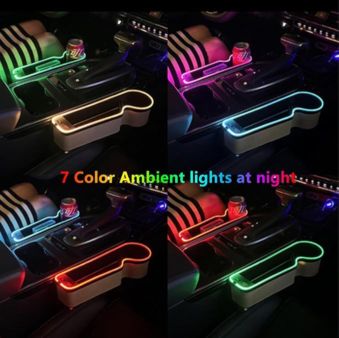 7 Color Led Car Seat Gap Organizer with 56W Type C USB Charging Multifunctional Front Seat Organizer with Cup Holder Console Organizer Seat Gap Filler with Vibe Lamp for Andriod iPhone Grey
