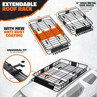 64"x39"x6" Extendable Heavy Duty Roof Rack Basket & 16 Cu Ft Waterproof Cargo Bag for Top of Car
