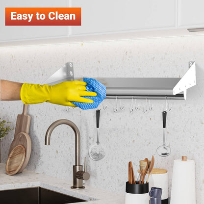 Skyflame 12" x 36" Wall Shelf with 6 Hanging Hooks for Storage, Stainless Steel Commercial Shelving with Side Guards for Bar, Utility Room, Kitchen, Garage