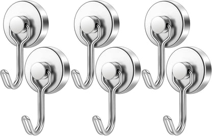 FINDMAG Magnetic Hooks, 60lbs+ Magnetic Hooks for Cruise Ship Essentials, Rare Earth Magnet Hooks Heavy Duty for Hanging, Magnetic Hanger for Garage, Grill, Fridge, Toolroom, Workplace, 6 Pack, Silver