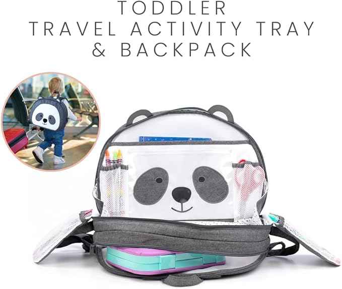 Lulyboo Toddler Car Seat Tray & Backpack - Kids Travel Lap Desk with Writing Surface, Panda Theme, Waterproof Spill-Proof, 8 Pockets, Built-in Tablet Holder, Adjustable Straps for Car & Air Travel