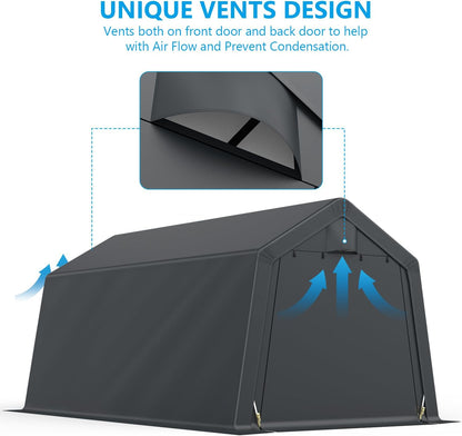 10x15FT Outdoor Storage Shelter Carport,Thickened Double-layer Heavy Duty Storage Shed Carport with Roll-up Zipper for Bike, Motorcycle, Garden Storage, Dual-color PE Waterproof and UV Resistant, Gray