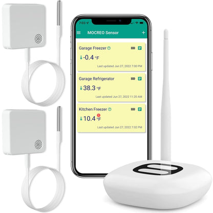 WiFi Thermometer Freezer Alarm, Email Alert, App Notification, Data Record Export, No Subscription Fee, 2 Remote Wireless Temperature Sensors for Refrigerator, Freezer, Hot Tub