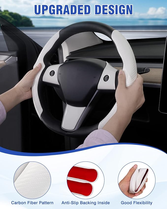 Steering Wheel Cover for 2016-2023 Telsa Model 3/2020-2024 Model Y Accessories Carbon Fiber Steering Wheel Cover Protector Anti-Slip, Comfortable, Breathable, Model 3/Y Accessories, White 5PCS