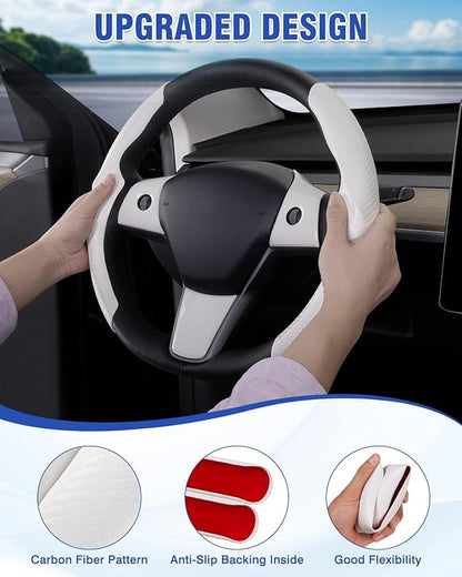 Steering Wheel Cover for 2016-2023 Telsa Model 3/2020-2024 Model Y Accessories Carbon Fiber Steering Wheel Cover Protector Anti-Slip, Comfortable, Breathable, Model 3/Y Accessories, White 5PCS