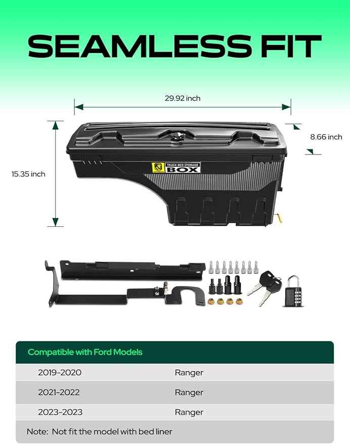 YHTAUTO Truck Bed Storage Tool Box Lockable Compatible with 2019 2020 2021 2022 2023 Ford Ranger, Driver Side, Not Fit the Model with Bed Liner, Swing Waterproof Wheel Well Toolbox