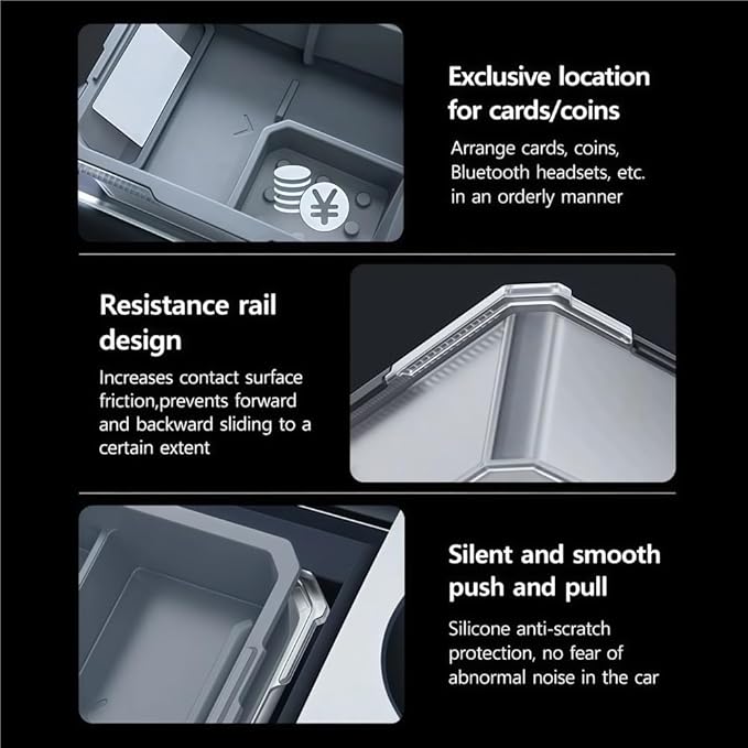 GGCLIMAX Center Console Organizer Compatible with Tesla Model Y 2021-2024 Model 3 2021-2023 Double-Layer Hidden Drawer Armrest Storage Tray With Micro-Frosted PC Silicone