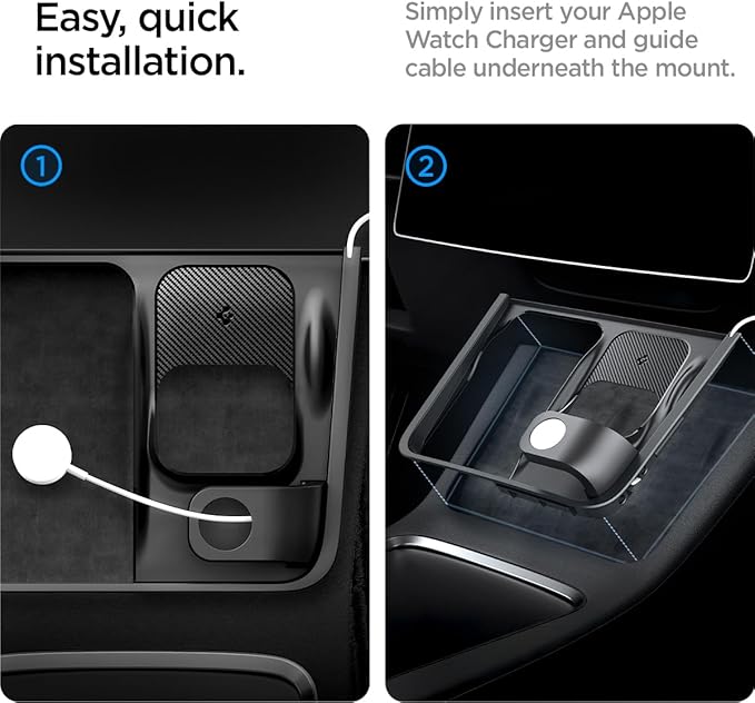 Spigen 3-in-1 Organizer Mount for Tesla Model Y 2021-24 & Model 3 2021-23 (Watch Charger Not Included) - Uses Tesla Wireless Charging Pad - Charge iPhone, AirPods, Apple Watch