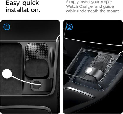 Spigen 3-in-1 Organizer Mount for Tesla Model Y 2021-24 & Model 3 2021-23 (Watch Charger Not Included) - Uses Tesla Wireless Charging Pad - Charge iPhone, AirPods, Apple Watch